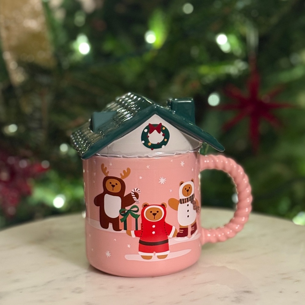 Starbucks Bearista Bear Gingerbread House Pink Ceramic Mug